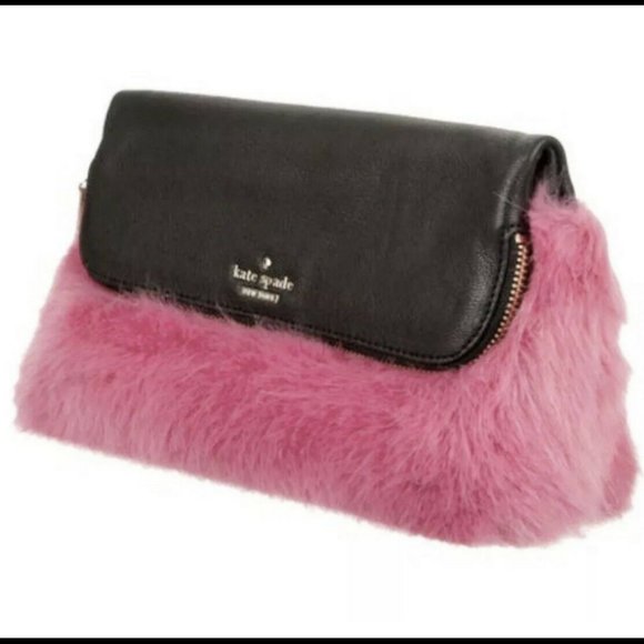 kate spade evening belles steffe faux fur pink black leather clutch purse bag - Picture 6 of 16